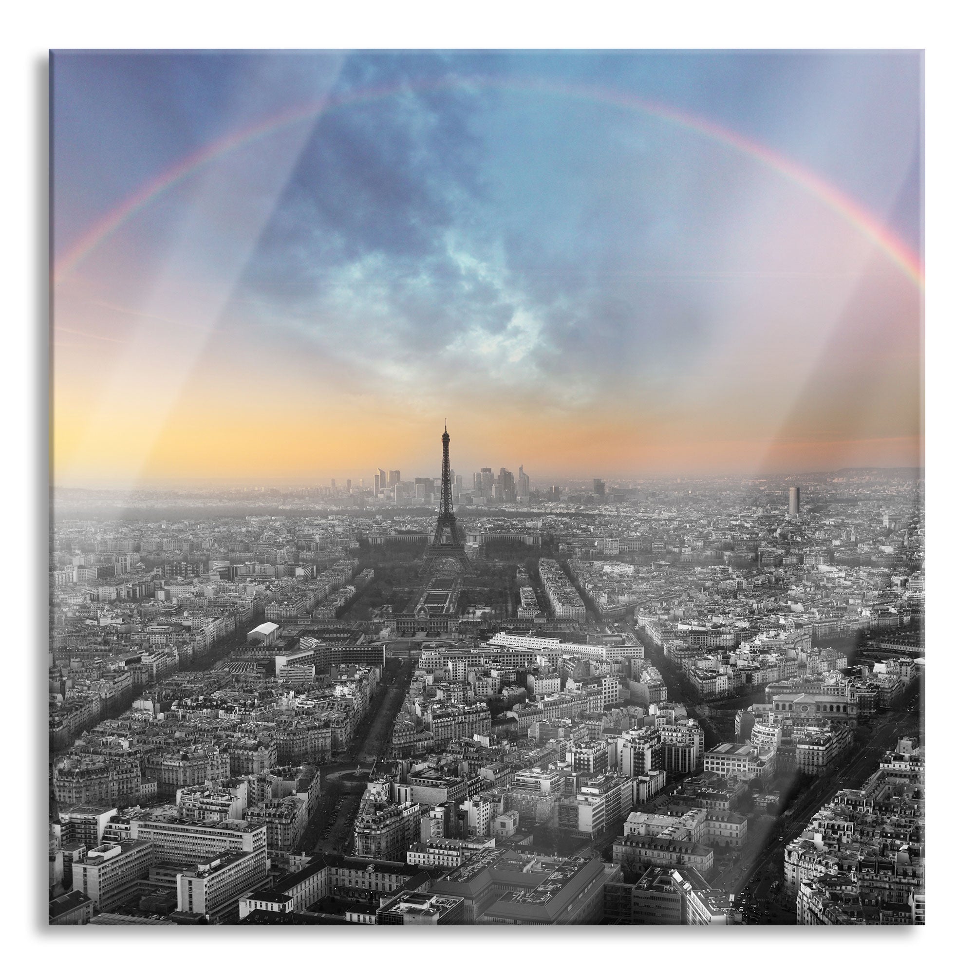 Panorama Regenbogen über Paris B&W Detail, Glasbild Quadratisch Im Angebot