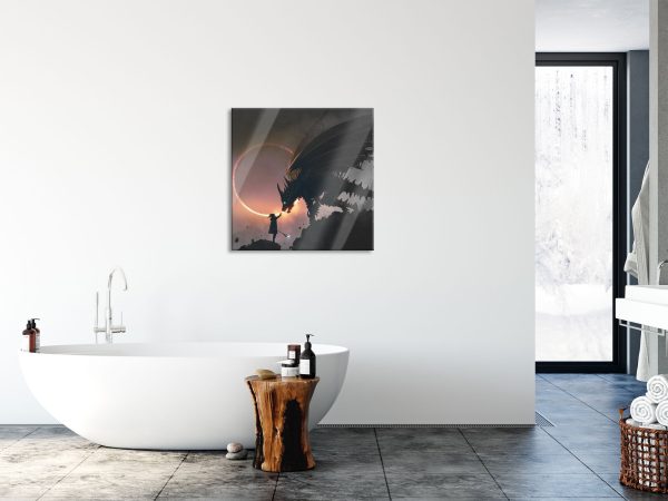 Zauberer und Drache bei Sonnenfinsternis B&W Detail, Glasbild Quadratisch Online-Schn?ppchen – Bild 4