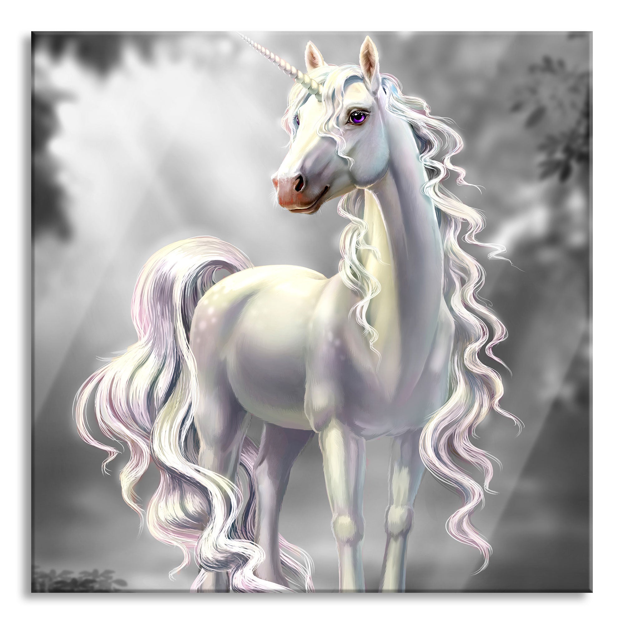 Pink äugiges Einhorn im rosa Märchenwald B&W Detail, Glasbild Quadratisch Zu verkaufen