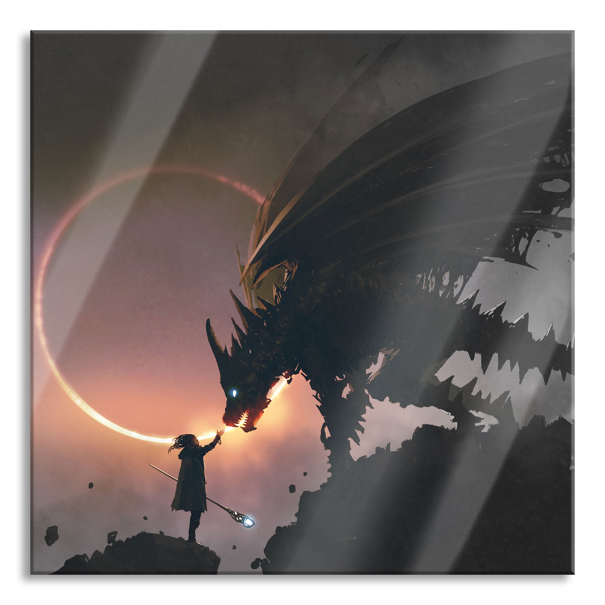 Zauberer und Drache bei Sonnenfinsternis B&W Detail, Glasbild Quadratisch Online-Schn?ppchen