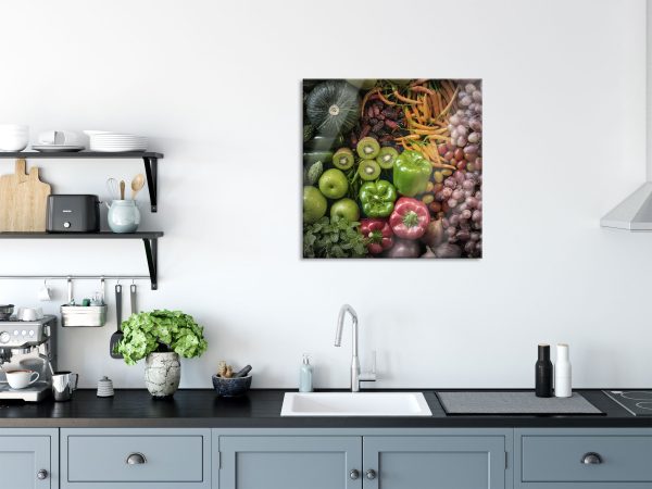 Verschiedene bunte Früchte von oben B&W Detail, Glasbild Quadratisch Angebot – Bild 3