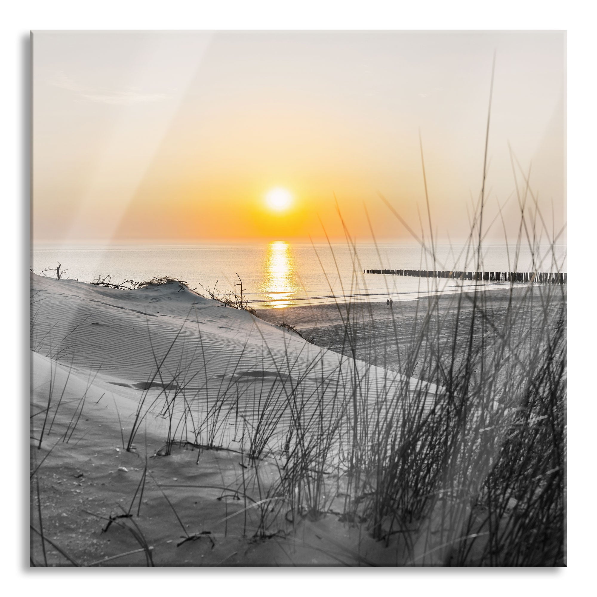 Dünenblick auf Meer bei Sonnenuntergang B&W Detail, Glasbild Quadratisch Im Angebot