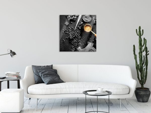 Kaffeebohnen und Schokolade von oben B&W Detail, Glasbild Quadratisch Schn?ppchen – Bild 2