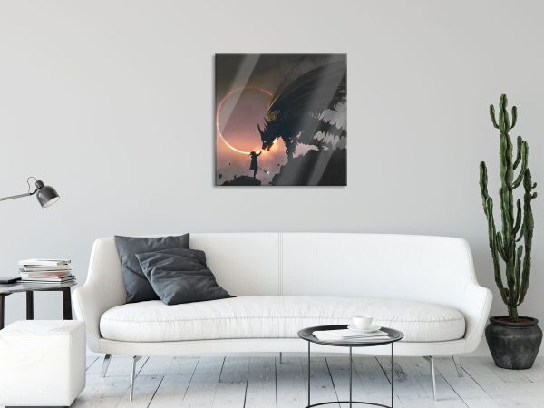 Zauberer und Drache bei Sonnenfinsternis B&W Detail, Glasbild Quadratisch Online-Schn?ppchen – Bild 2