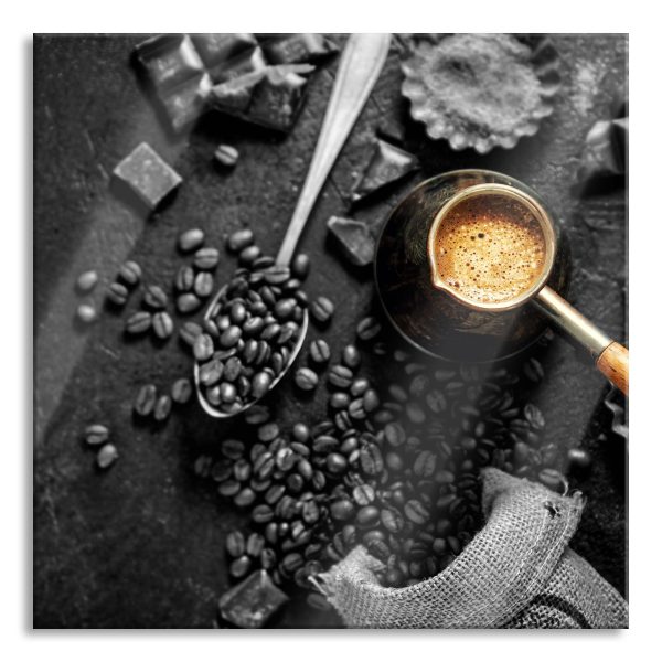 Kaffeebohnen und Schokolade von oben B&W Detail, Glasbild Quadratisch Schn?ppchen