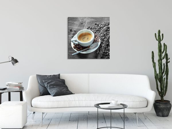 Espressotasse mit Kaffeebohnen B&W Detail, Glasbild Quadratisch Im Angebot – Bild 2