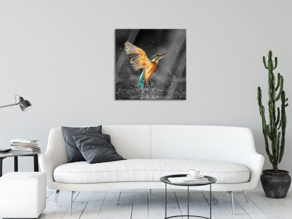 Eisvogel auf der Jagd nach Fischen B&W Detail, Glasbild Quadratisch Zu verkaufen – Bild 2