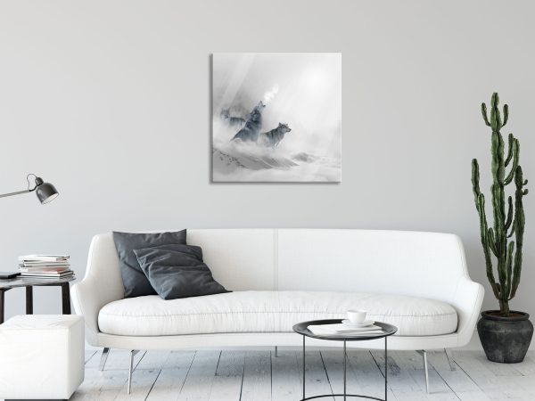 Heulende Wölfe jagen Hirsch im Nebel B&W Detail, Glasbild Quadratisch Online-Verkauf – Bild 2