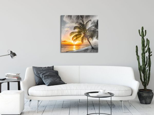 Palmen im Sonnenuntergang auf Barbados B&W Detail, Glasbild Quadratisch Im Angebot – Bild 2