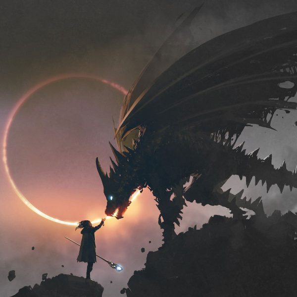 Zauberer und Drache bei Sonnenfinsternis B&W Detail, Glasbild Quadratisch Online-Schn?ppchen – Bild 5