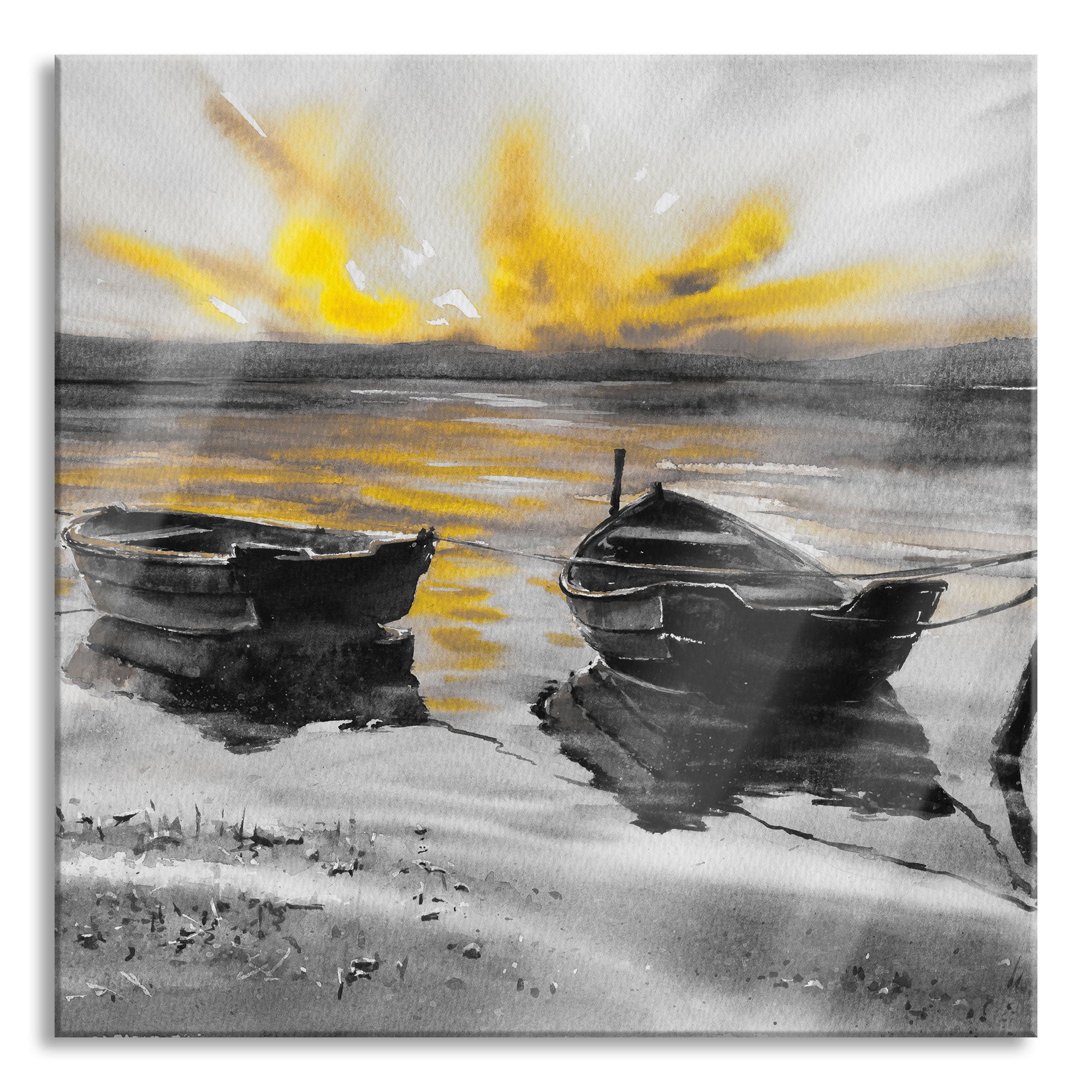 Zwei angeleinte Boote bei Sonnenuntergang B&W Detail, Glasbild Quadratisch Online-Verkauf